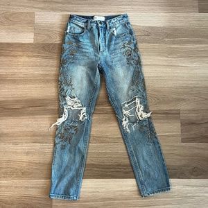Free People Gold Paint Stencil and Distressed Destroyed Jeans
